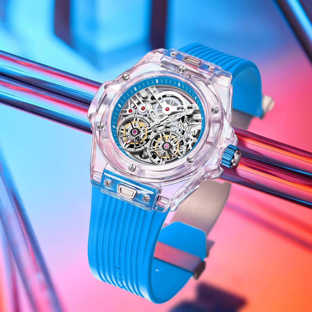 全新 奧駱納/ONOLA雙飛輪全自動機械手錶 男士矽膠帶防水手錶 高品質運動精品運動男生手錶 男錶