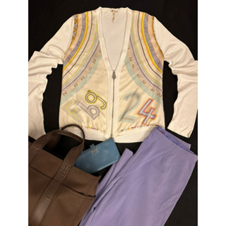 Hermes 愛馬仕 白色 絲巾 彩虹 英文 數字 針織外套
