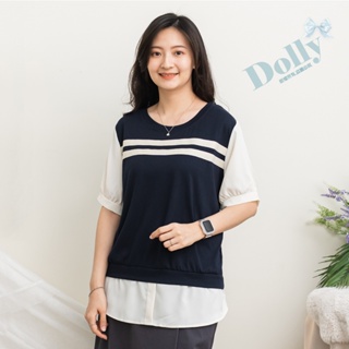 台灣現貨 大尺碼針織棉胸二條槓拼接白色雪紡上衣(藍色)652-Dolly多莉大碼專賣店