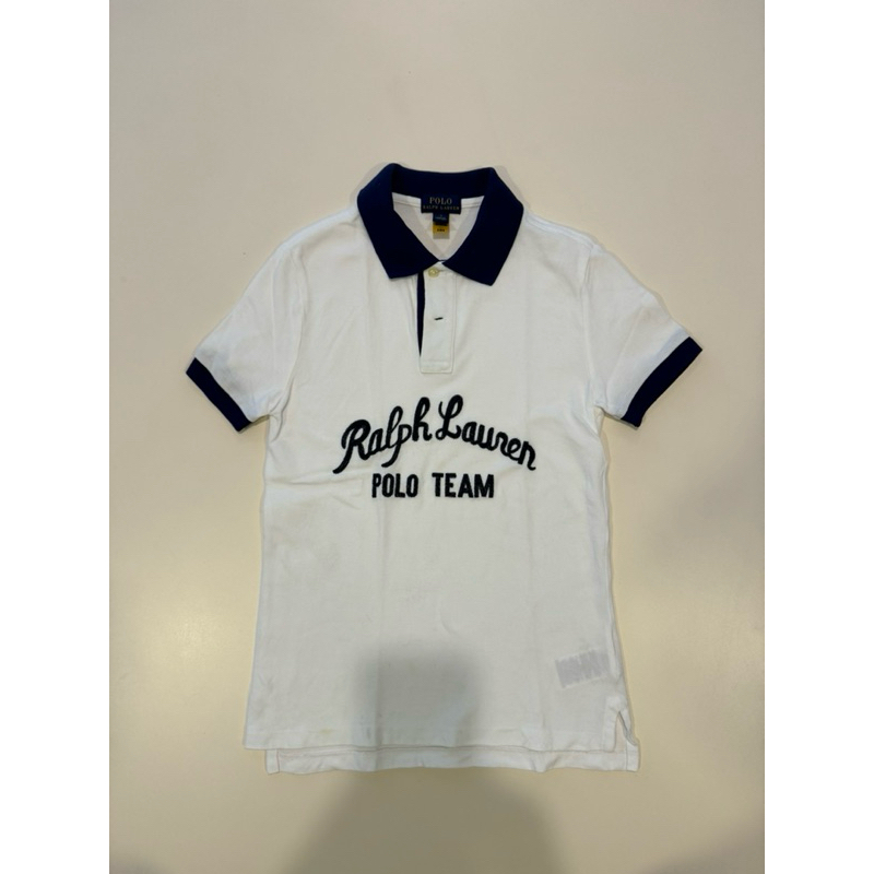 ［小老闆哩哩摳摳］—Polo Ralph Lauren 男童白底藍邊刺繡棉質Polo 衫（二手）