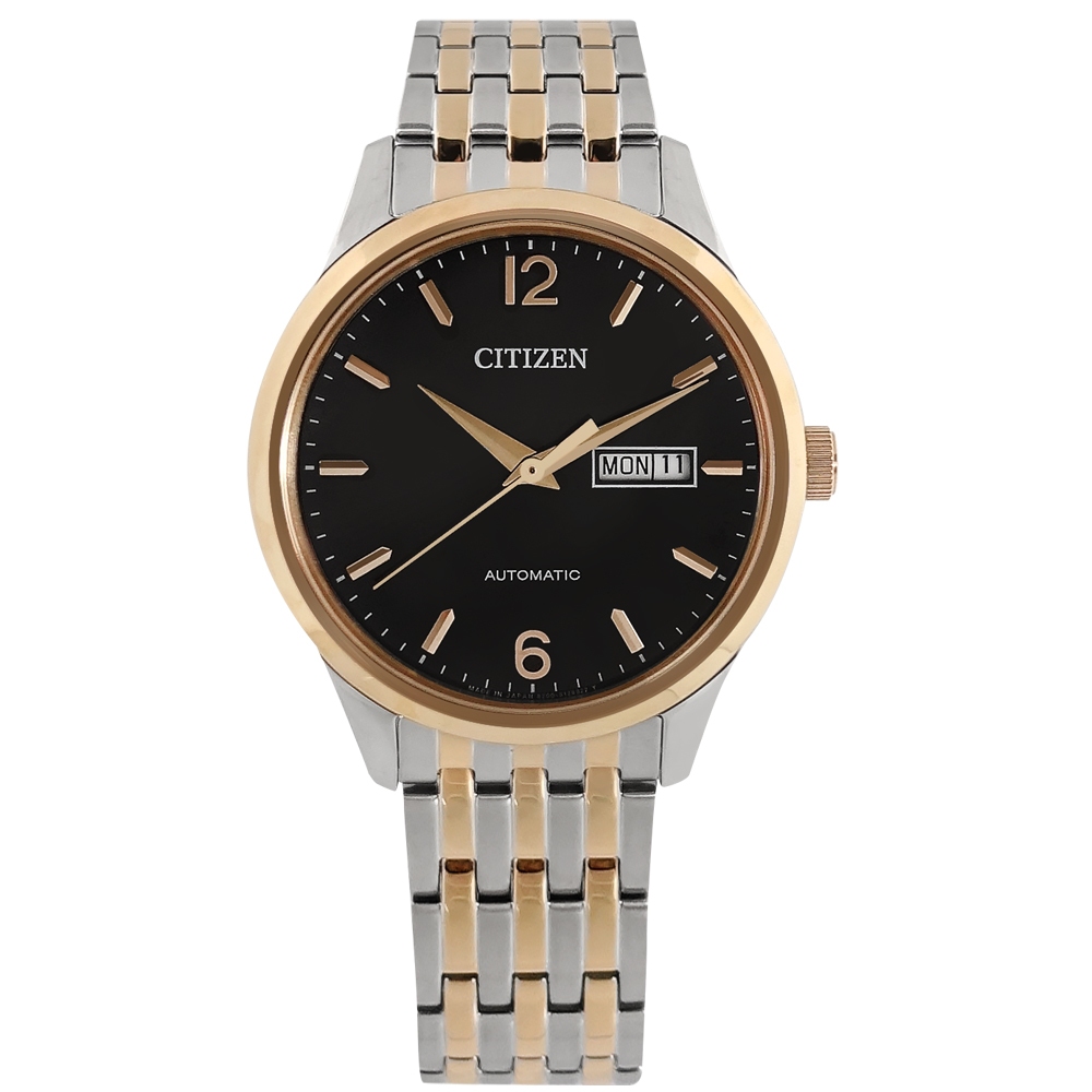 CITIZEN / 機械錶 數字刻度 日期星期 不鏽鋼手錶 黑x鍍玫瑰金 / NH7504-52E / 40mm