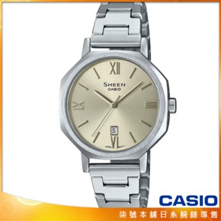 【柒號本舖】CASIO 卡西歐 SHEEN 時尚藍寶石鏡面鋼帶錶-淡金色 / SHE-4554D-9A (臺灣公司貨)