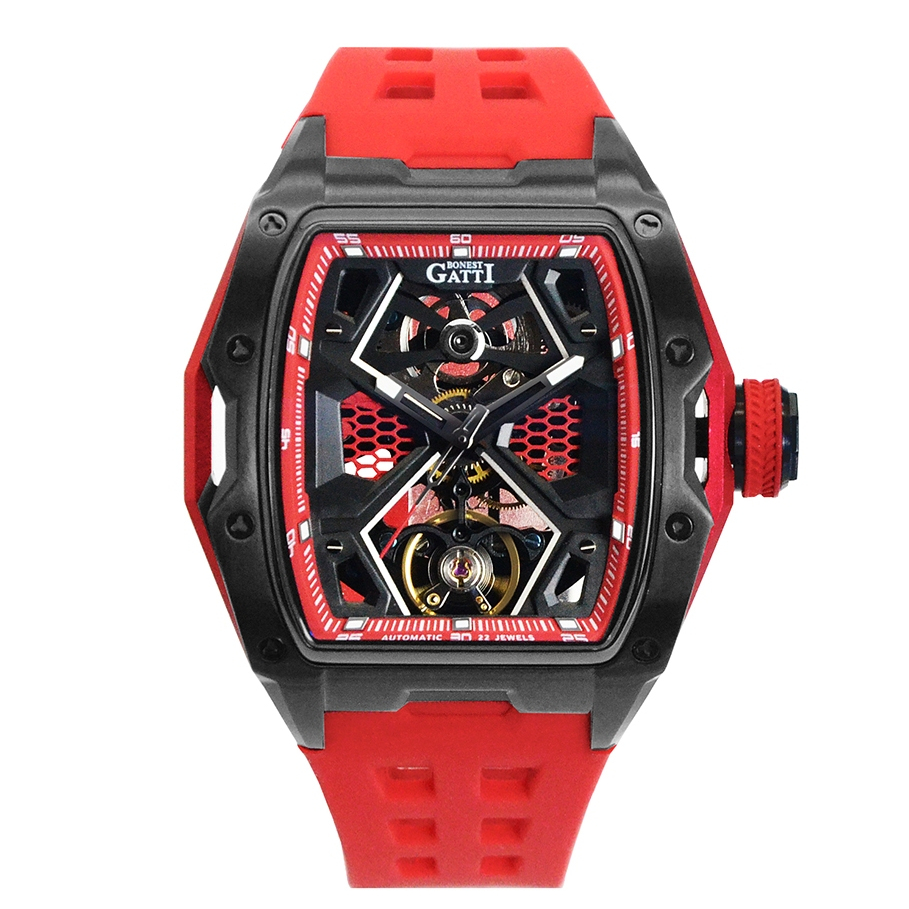 【For You】BONEST GATTI 布加迪 原廠授權 - 紅色系黑框 鏤空酒桶造型 紅氟橡膠錶帶 機械錶