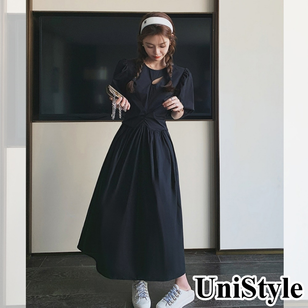 【UniStyle】挖空短袖洋裝 韓系設計感收腰連身裙 女 ZM177-2302(黑)
