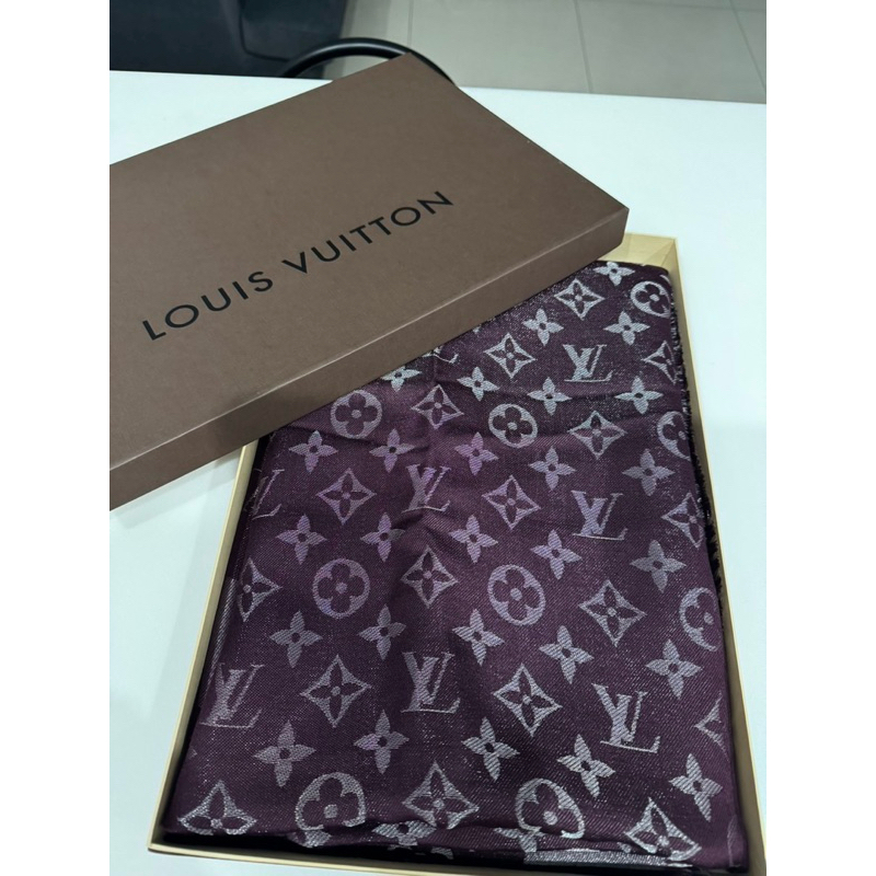 二手真品 Louis Vuitton LV Denim Monogram 印花絲羊毛披肩 圍巾 深紫