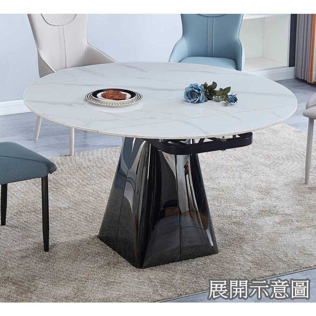 【萊夫家居】JF-436-3：4.3尺收合式岩板餐桌【台中家具】伸縮圓桌 亮面岩板餐桌 圓餐桌 岩板桌 不鏽鋼腳