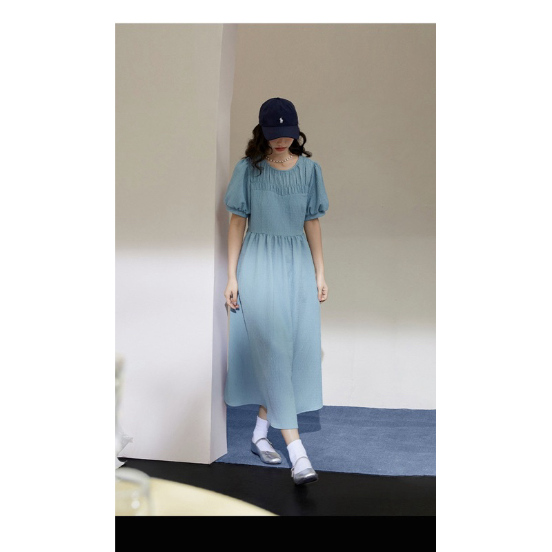 9.5成新！韓國 kuose 藍色洋裝 法式 澎袖 M