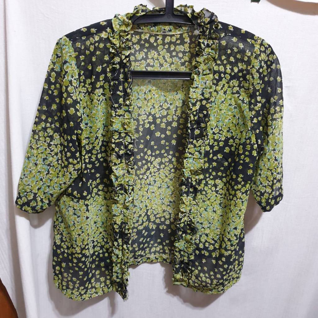 姜小舖超低價綠色碎花尼龍透膚短袖小罩衫小外套L號 超便宜特價品