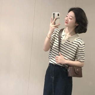 【ⓇⒺⓃⒶ 現貨】條紋POLO衫 翻領 Polo領修身 女裝 顯瘦 百搭 短袖上衣 小眾 溫柔上衣 韓妞【R21739】