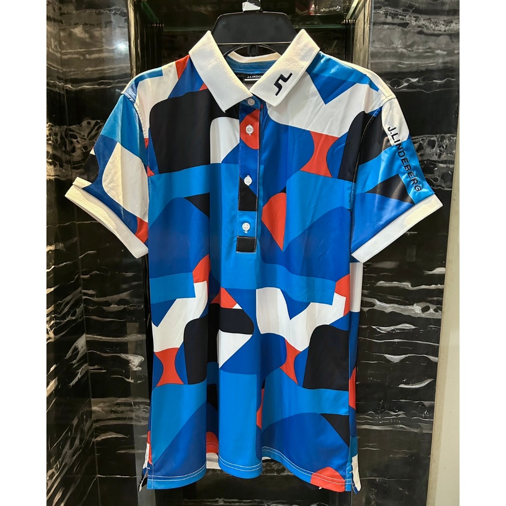 J.Lindeberg🌞Tour Tech Print 女生高爾夫短袖polo衫 (幾何藍)