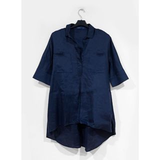 (正品) OLIVO專櫃女裝-深藍色亞麻造型短袖上衣 (單一尺寸)