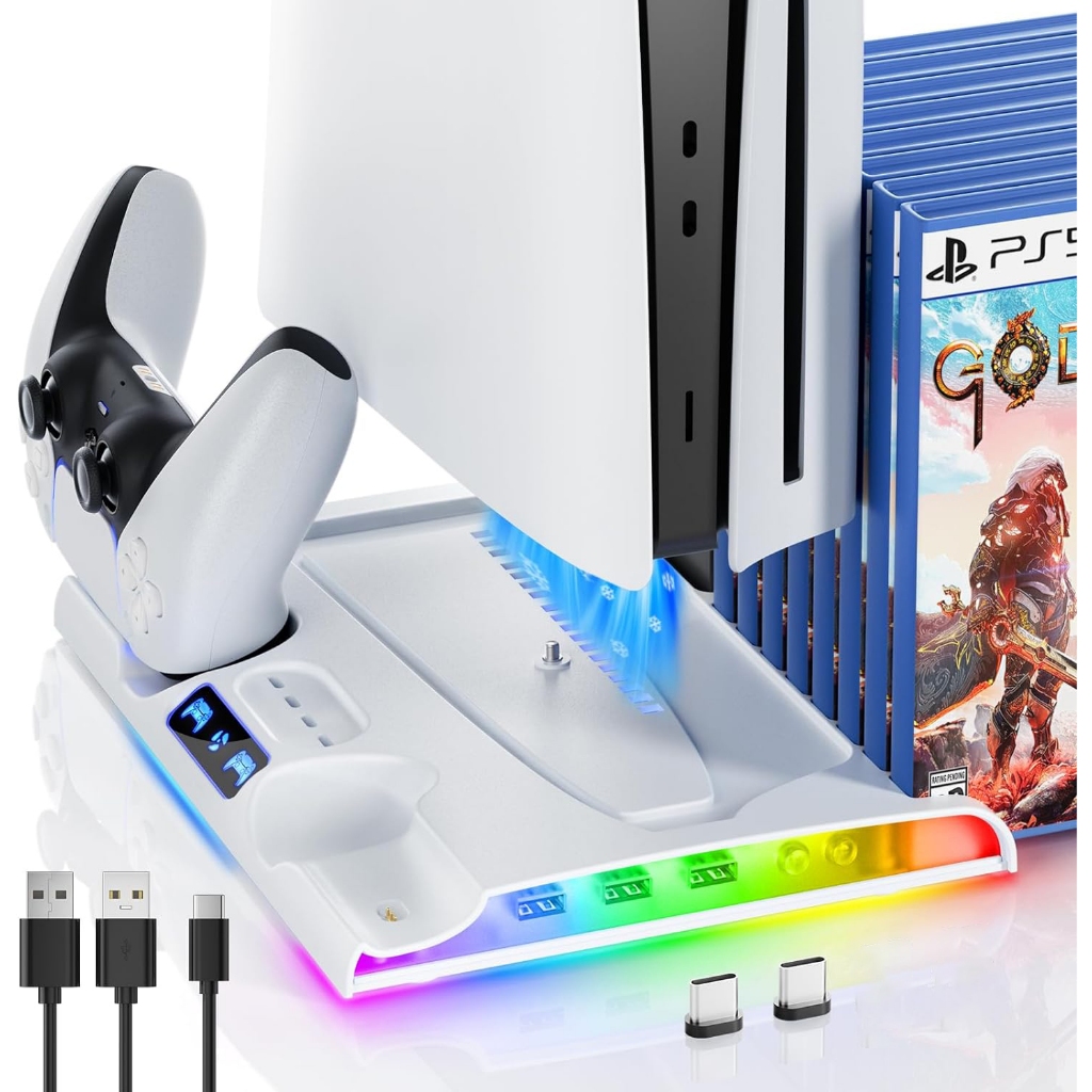 PS5 SLIM專用充電座光碟版數位版都可用  炫彩燈光 SLIM散熱底座 薄機風扇碟片收納架雙手把座充