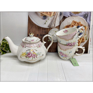 英式鄉村風茶壺 白色小碎花玫瑰金邊馬克杯組 2杯條紋花茶杯下午茶杯早餐咖啡杯對杯陶瓷瓷器茶具結婚母親節禮物