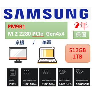 三星 Samsung SSD內接固態硬碟 PM9B1 512GB / 1TB M.2 2280 PCIe Gen4x4