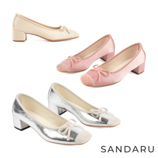 山打努SANDARU-跟鞋 方頭蝶結異材質拼接中跟粗跟鞋