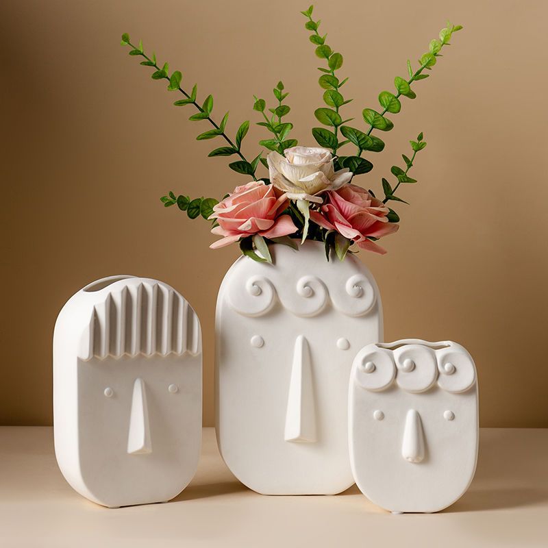 【tansri】可愛人臉擺件 白色陶瓷裝飾 玄關擺件 桌面擺件 陶瓷花瓶 插花花器 裝飾品擺件 小花瓶 北歐風裝飾