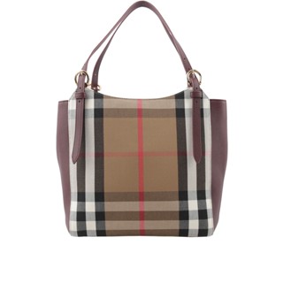 BURBERRY Canterby 棉麻格紋及牛皮肩背包(酒紅色) 80737871