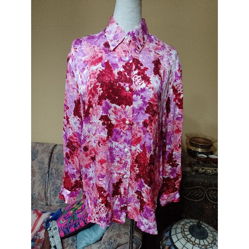 特價品 拍4/復古Red robin粉色質感蠶絲100古著長版襯衫（XL號）/品項如圖二手大尺碼蠶絲襯衫