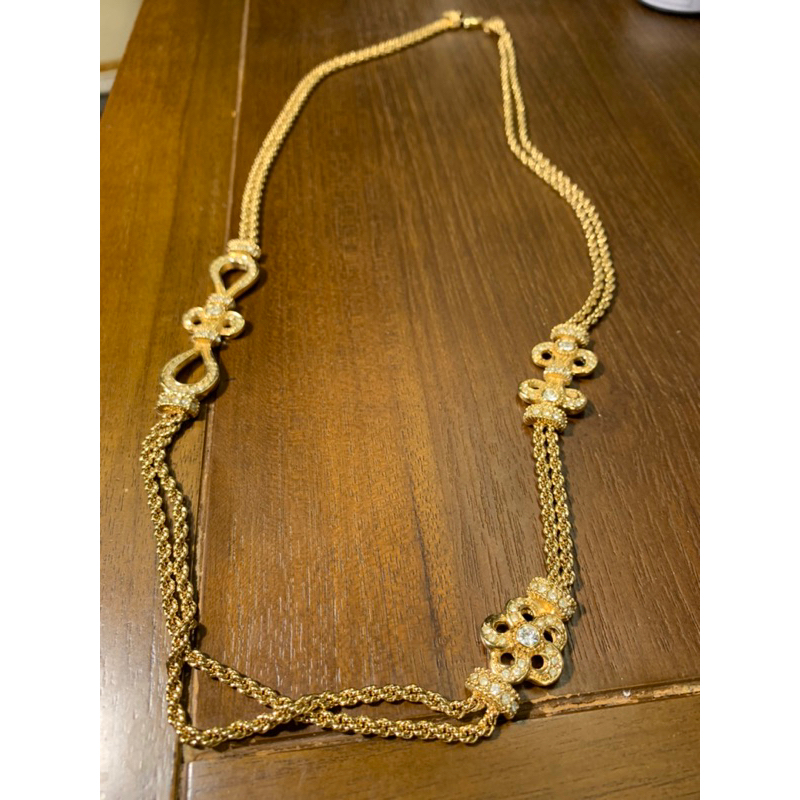 Christian Dior vintage 金色鑲鑽雙鍊長項鍊