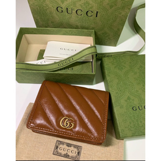 有購證 Gucci Marmont短夾 焦糖色 斜紋 台灣專櫃購入 雙G復古LOGO拉鍊全皮 小短夾