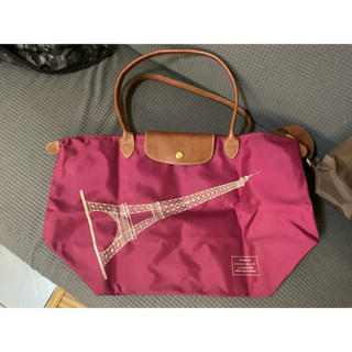 二手正品Longchamp 長把中型摺疊巴黎鐵塔包-莓果色