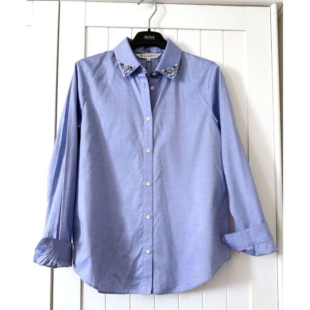 KUMIKYOKU組曲藍色兩用針織水晶領片襯衫