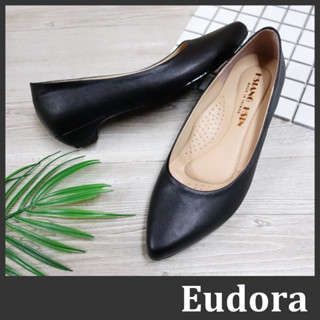 【Eudora】MIT臺灣製 面試鞋 黑色皮鞋 上班族 尖頭低跟鞋 上班鞋 尖頭包鞋 素面皮革粗低跟軟底 包鞋 低跟鞋