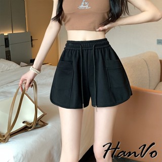 【HanVo】雙口袋抽繩休閒短褲 鬆緊彈性寬鬆質感 韓系女裝 女生衣著 A03-2097