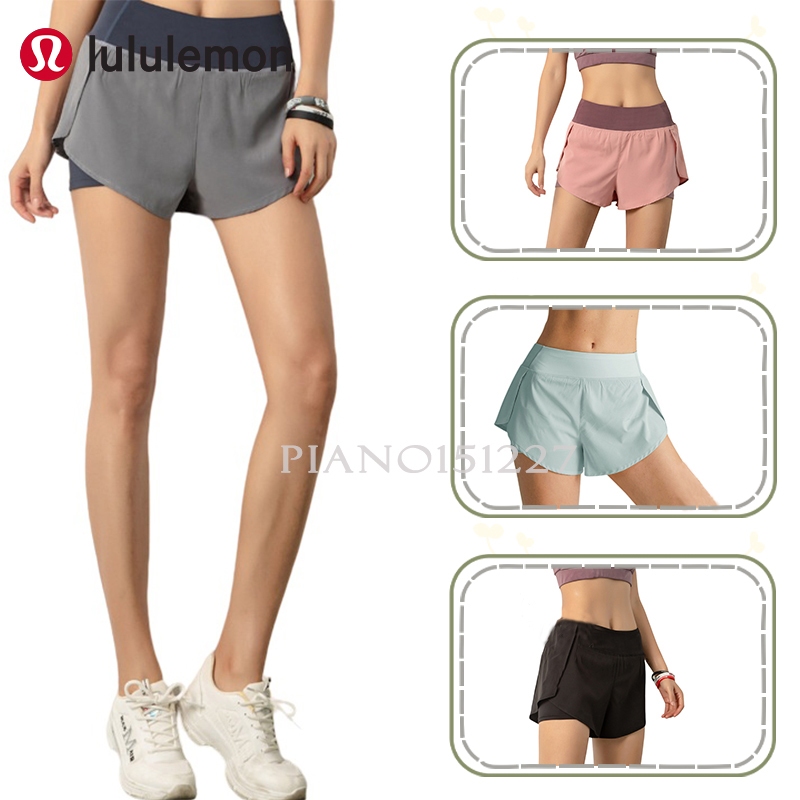 lululemon 假兩件 運動短褲 女 跑步 健身 高腰 防走光 休閒褲 透氣 速乾 瑜珈熱褲