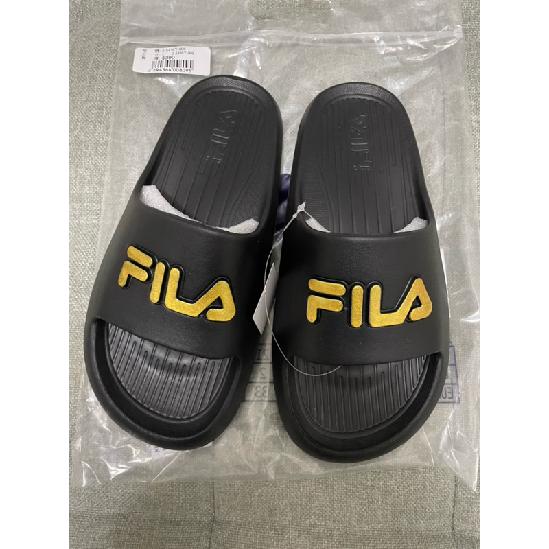 Fila 黑金配色 防水拖鞋 24公分