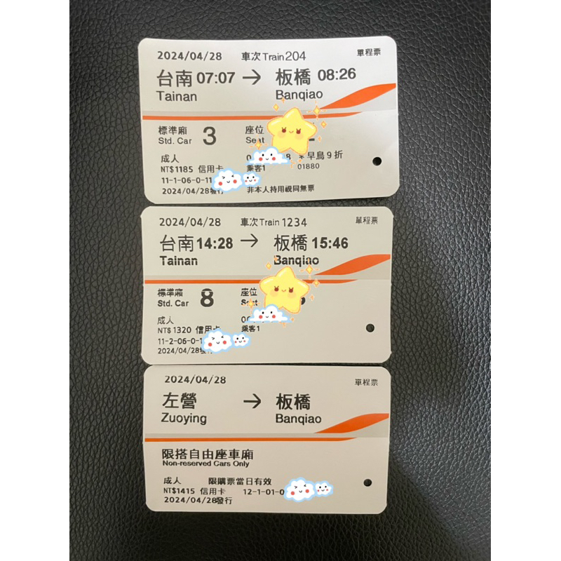 20240428 2024/04/28 台南 左營 板橋 高鐵票根 票跟 紀念 自由座票根 收藏用 蒐藏 台灣高鐵