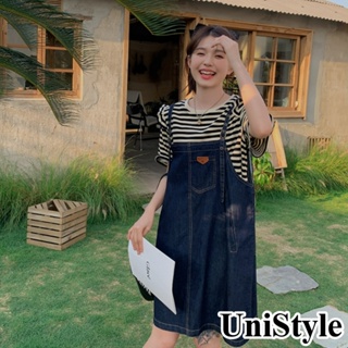 【UniStyle】2件套裝條紋短袖T恤牛仔吊帶裙 韓系復古減齡風 女 ZM168-9105(背帶裙條紋T)