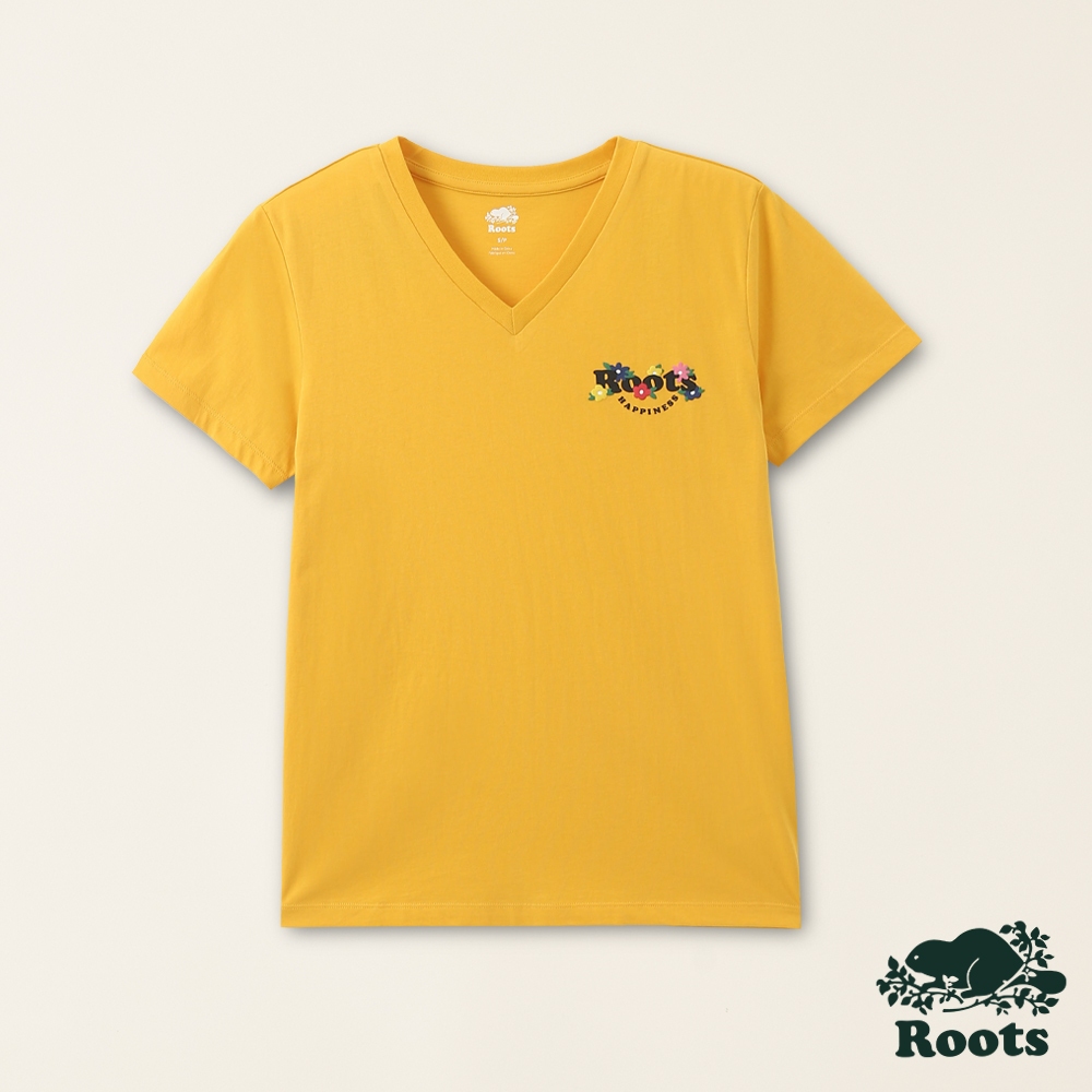 【Roots】女裝-擁抱真我系列 花朵文字LOGO有機棉短袖T恤