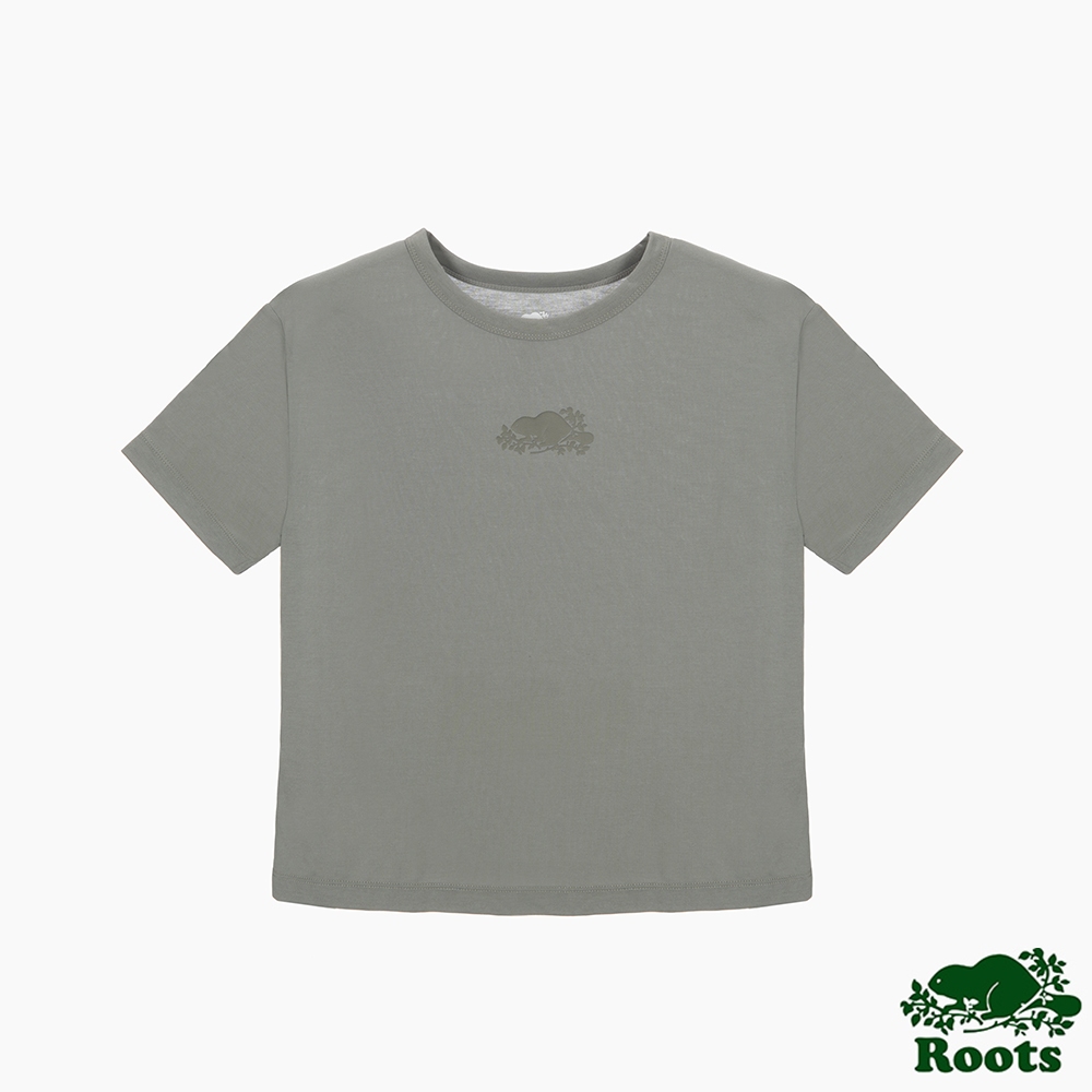 【Roots】女裝-柔焦金屬系列 金屬色海狸LOGO寬版短袖T恤