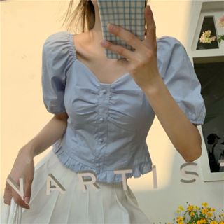 FUXI 短袖襯衫女 法式復古方領襯衫 短版上衣 泡泡袖襯衫 少女風BM上衣 一字肩上衣 露肩上衣 女裝 衣服