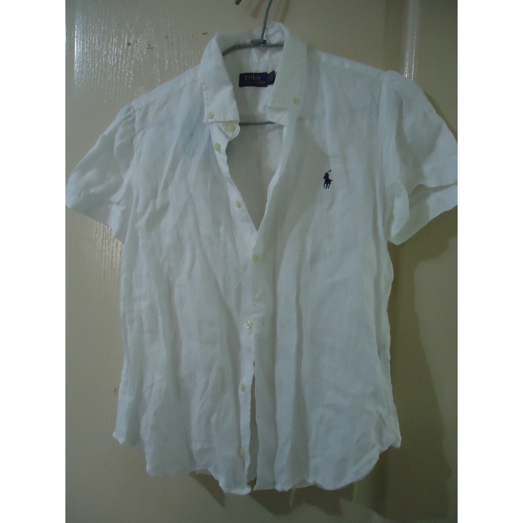 Polo Ralph Lauren 白色純亞麻短袖休閒襯衫,尺寸L,肩寬38cm胸寬50cm,降價大出清
