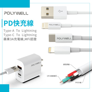 POLYWELL Type-C/Type-A to Lightning PD快充線 20cm-2m傳輸線