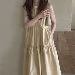 日系 長裙 連身裙 無袖蛋糕裙 寬鬆 傘裙 顯瘦