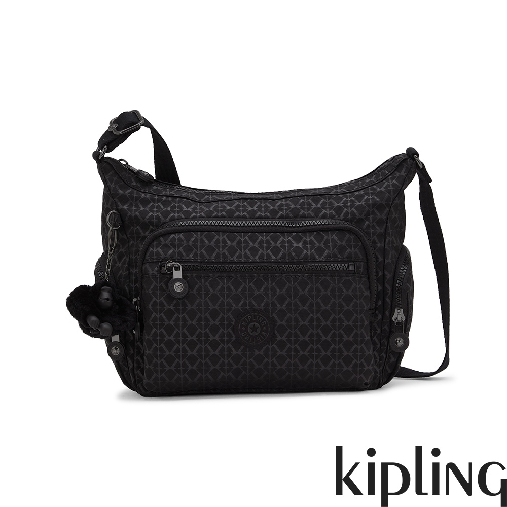 Kipling『牛角包』經典黑菱格紋印花多袋實用側背包-GABBIE S