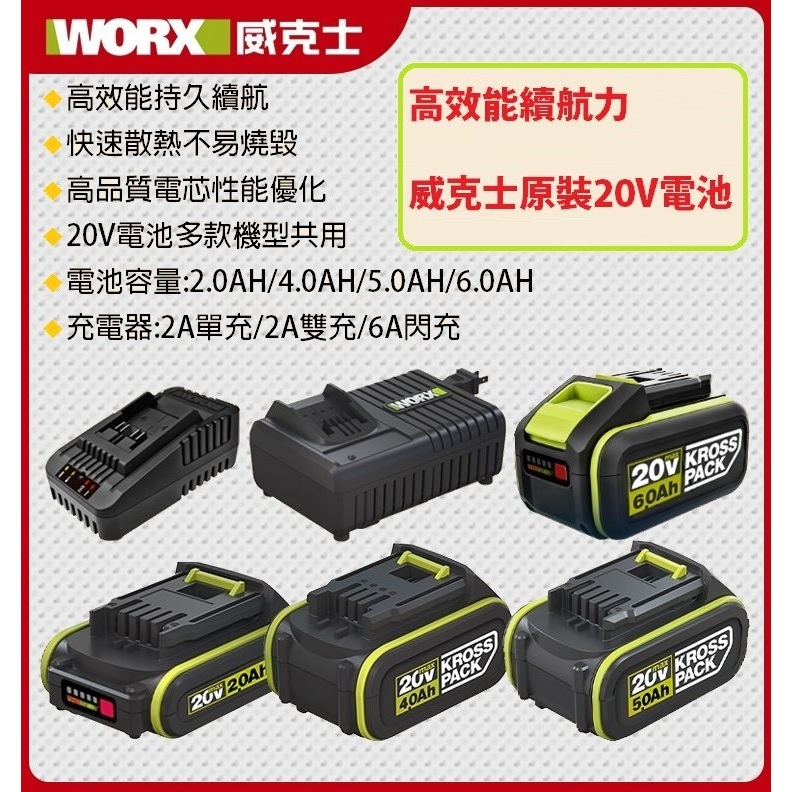 WORX威克士 原廠綠標 電池 充電器 威克士 大腳板 20V 電池包 充電 雙充 鋰電池