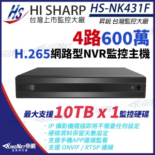 昇銳 HS-NK431F H.265 600萬 4路 監控主機 雙向語音 NVR 網路型錄影主機 HI-SHARP