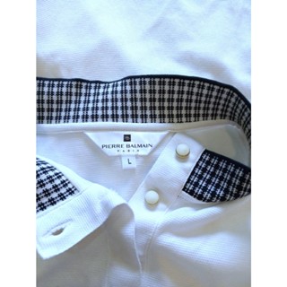 PIERRE BALMAIN 法國時尚休閒服飾 女版純棉立體網眼 開襟小立領長袖 POLO衫 白 L