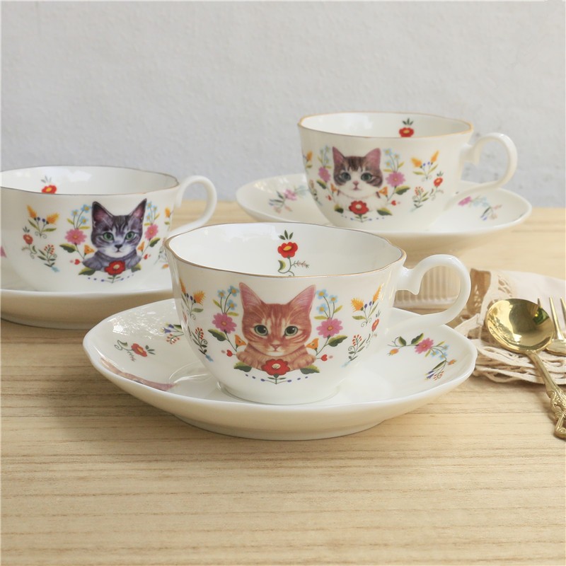 精緻花園貓咪下午茶茶盤組 日本F牌可愛小貓咪下午茶杯碟套裝 馬克杯美式咖啡杯