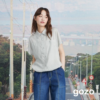 【gozo】gozo涼涼天絲麻抽繩連袖襯衫(淺灰/深藍_F) | 女裝 襯衫領 涼感