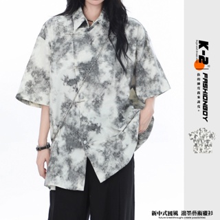 【K-2】新中國風 中式 潑墨 藝術 短袖襯衫 翻領設計 復古 表演 穿搭 水墨畫 大師【HC551】