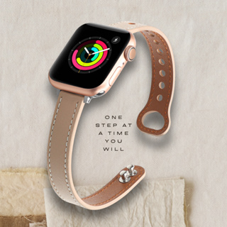 適用S9 Apple Watch S7 S8 奶茶色 真皮錶帶 雙鈕釦 細款皮革 iWatch 蘋果 錶帶 S6 SE