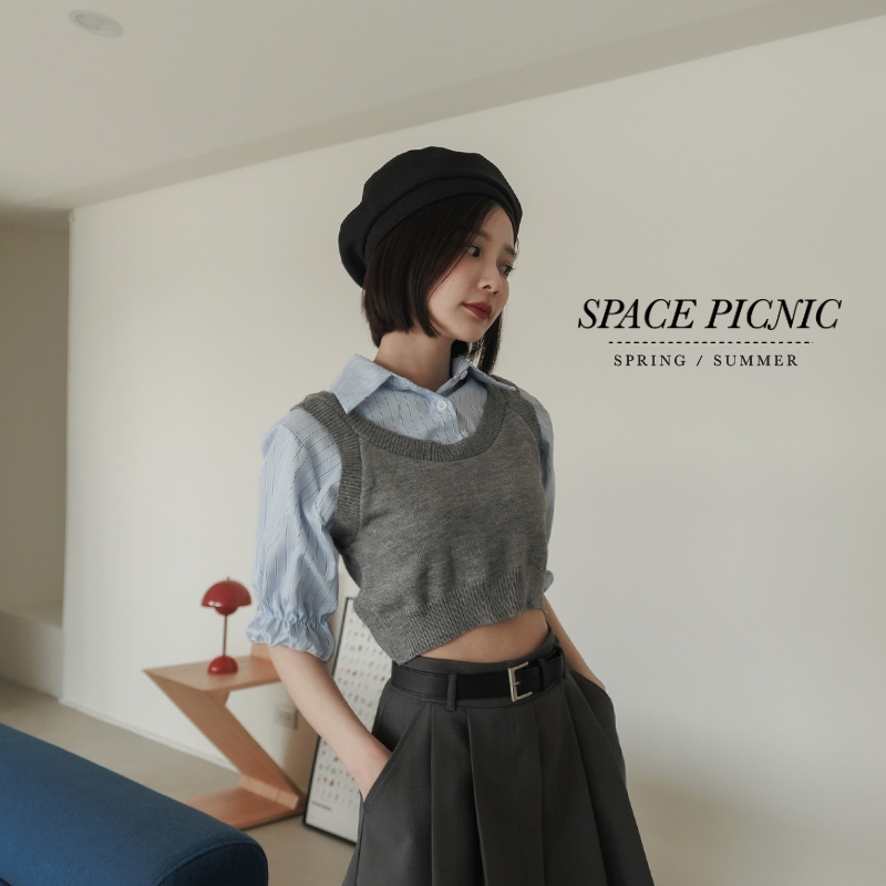 Space Picnic｜假兩件襯衫拼針織上衣-3色【C24043034】