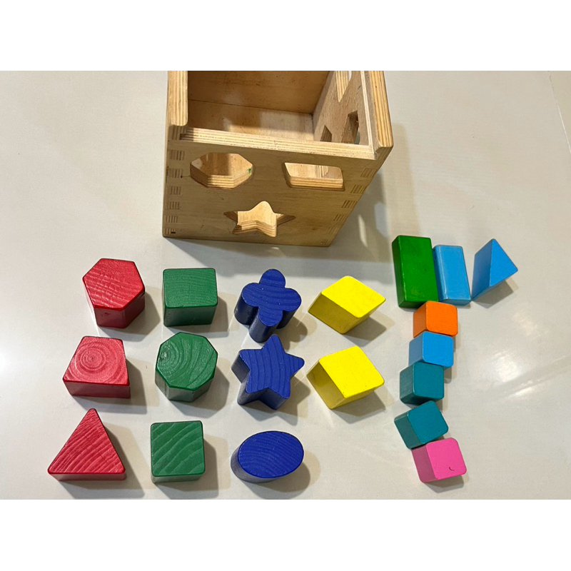 ［二手］美國Melissa &amp; Doug 瑪莉莎 實木製 形狀配對遊戲積木盒 12塊 蒙特梭利教具 益智積木玩具