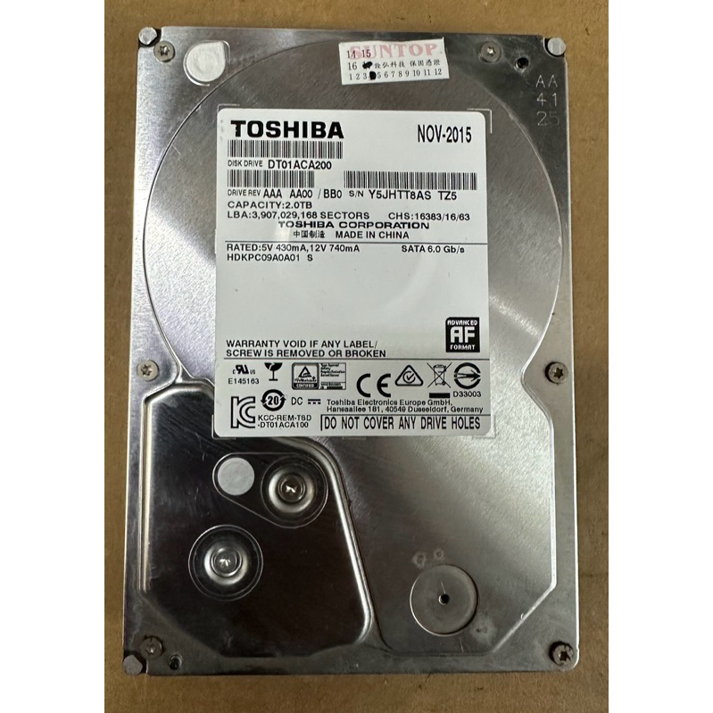 中古 二手 良品 TOSHIBA 2000GB 2TB 3.5吋傳統硬碟 功能正常
