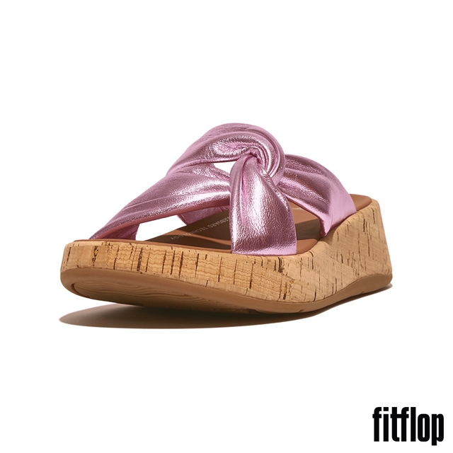 【FitFlop】F-MODE 軟木塞紋皮革扭紋厚底交叉涼鞋-女(金屬紫丁香色)